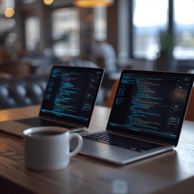due computer con diversi file aperti e una tazzina da caffè sulla scrivania